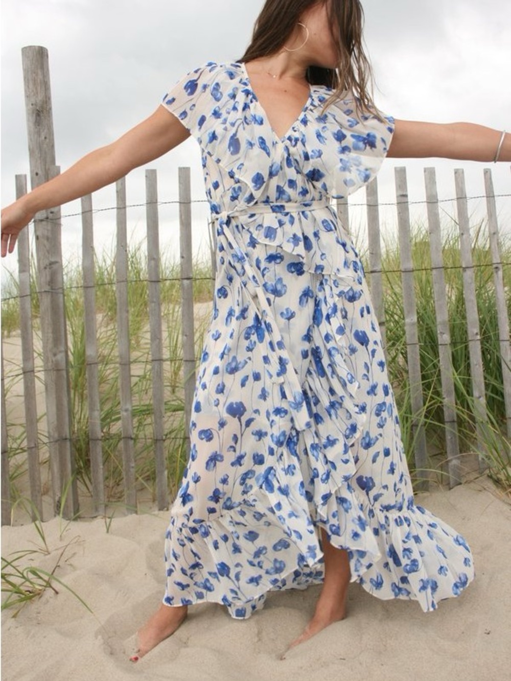 Misa Los Angeles White Maxi Dress with Blue Floral Print